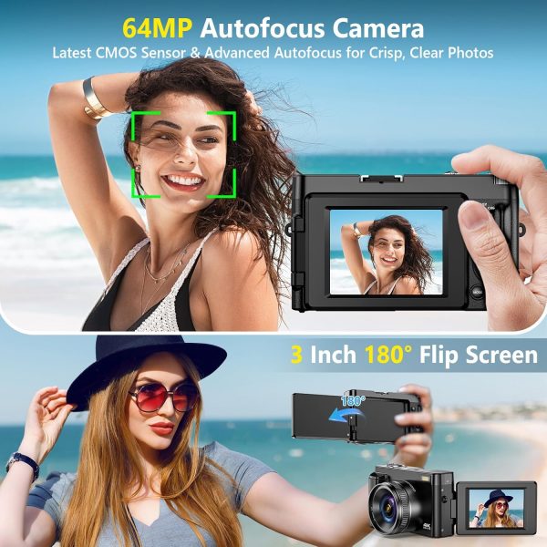 4K Digital Camera for Photography Autofocus, Upgraded 64MP WiFi Vlogging Camera for YouTube with 3" 180° Flip Screen, 16X Zoom, Compact Travel Cameras for Beginners with 32GB Card, 2 Batteries, Black - Image 3
