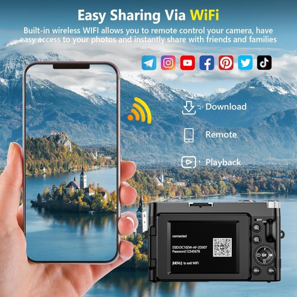4K Digital Camera for Photography Autofocus, Upgraded 64MP WiFi Vlogging Camera for YouTube with 3" 180° Flip Screen, 16X Zoom, Compact Travel Cameras for Beginners with 32GB Card, 2 Batteries, Black - Image 4
