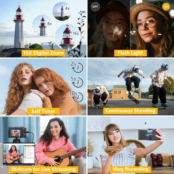 4K Digital Camera for Photography Autofocus, Upgraded 64MP WiFi Vlogging Camera for YouTube with 3" 180° Flip Screen, 16X Zoom, Compact Travel Cameras for Beginners with 32GB Card, 2 Batteries, Black - Image 6