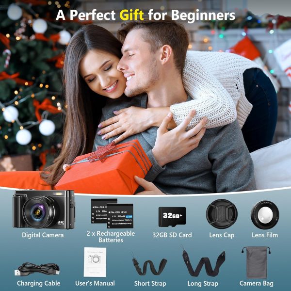 4K Digital Camera for Photography Autofocus, Upgraded 64MP WiFi Vlogging Camera for YouTube with 3" 180° Flip Screen, 16X Zoom, Compact Travel Cameras for Beginners with 32GB Card, 2 Batteries, Black - Image 7